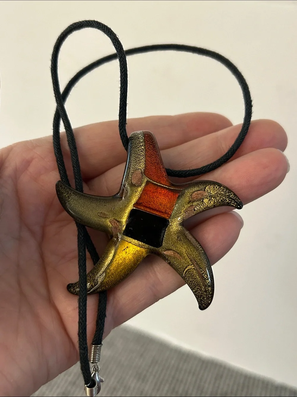 Glass starfish Pendant Necklace - Black Cord gold black orange